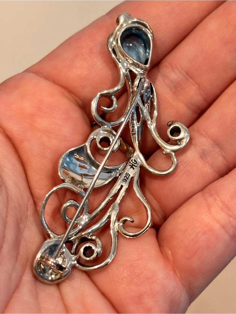 Vintage Designer 925 Sterling Silver & Precious Gemstone Embellished Brooch